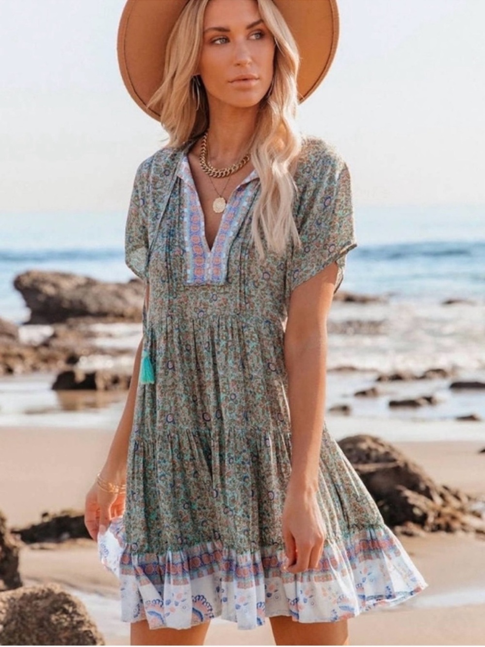 Vici Green Floral Tiered Boho Mini Dress with White Border